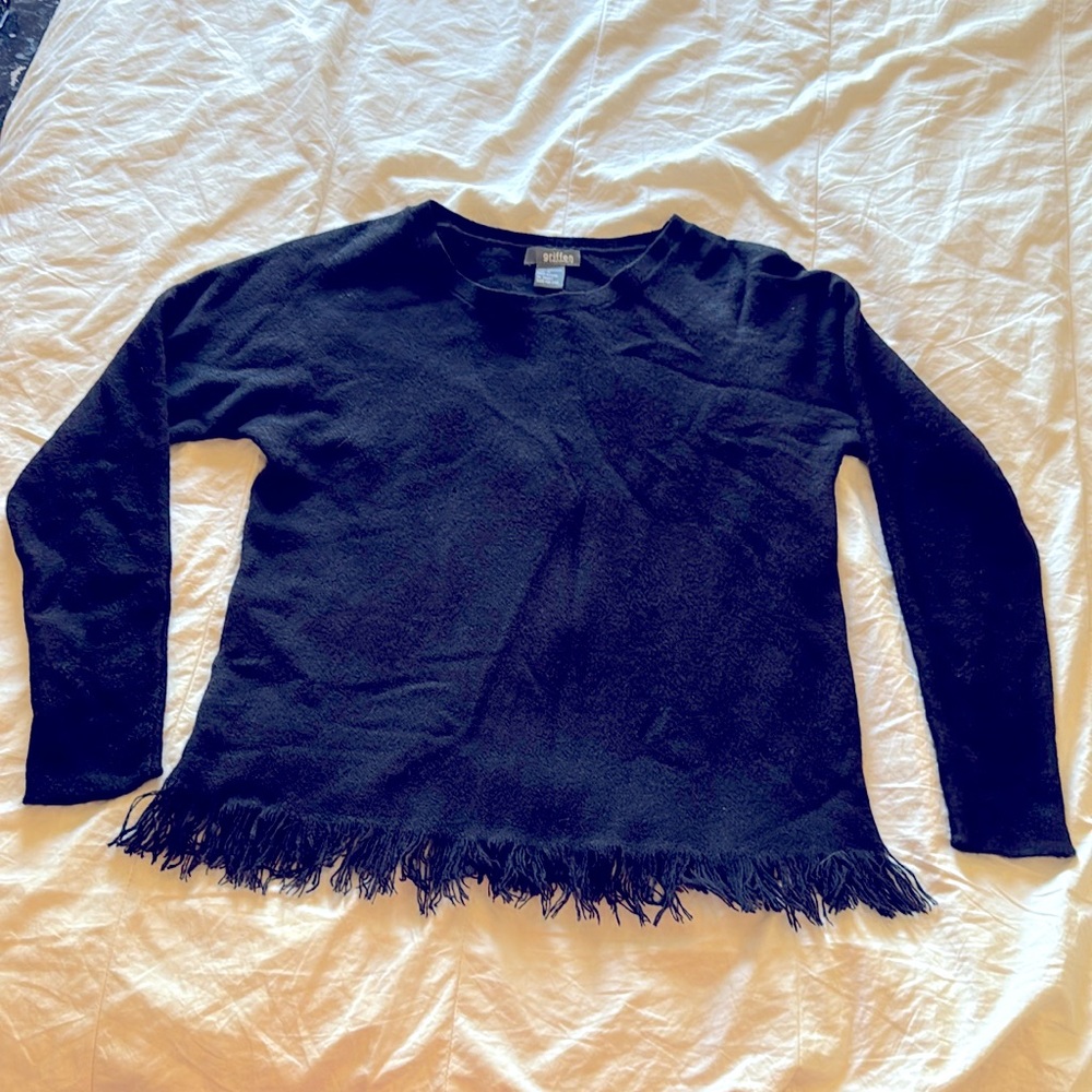 Griffin Cashmere Black Sweater with Fringe. Size Small. 100% Cashmere